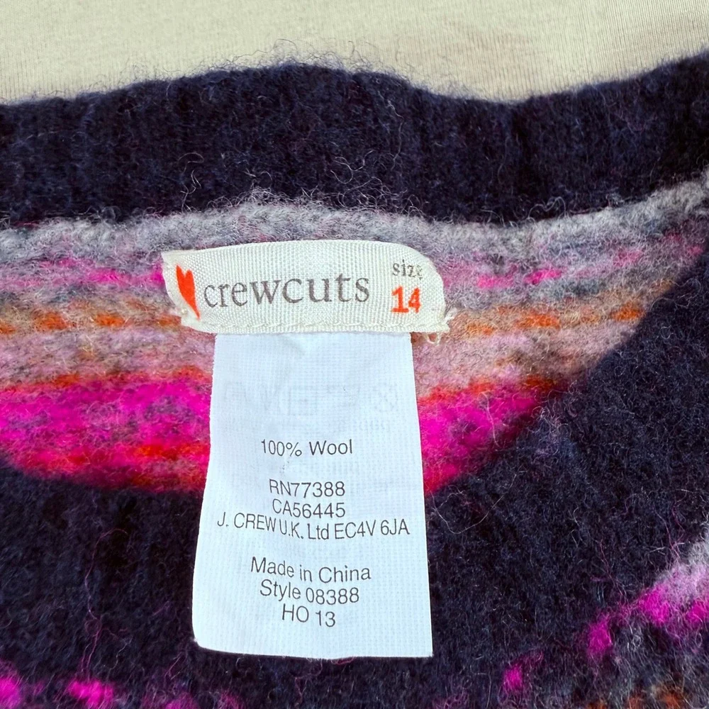 Crewcuts J‎ Crew Kids Fair Isle Striped Wool Sweater Pink Grey Fits 7/8
